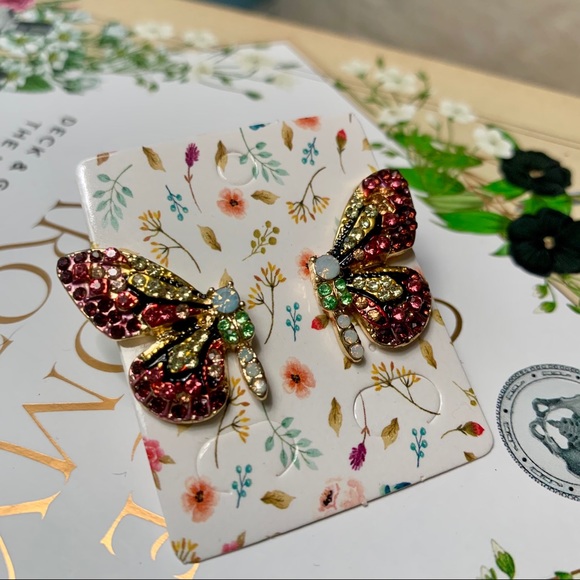 Pave Butterfly Wings Golden Earrings NEW - Picture 3 of 12